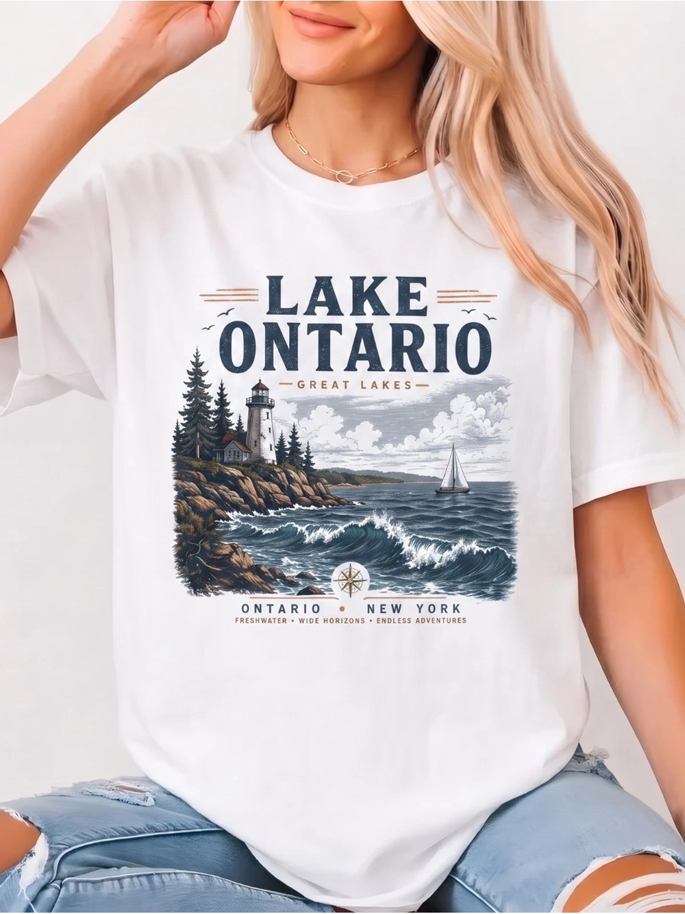 Lake Ontario Great Lakes T Shirt Lighthouse Sailboat Unisex Graphic Vintage Tee